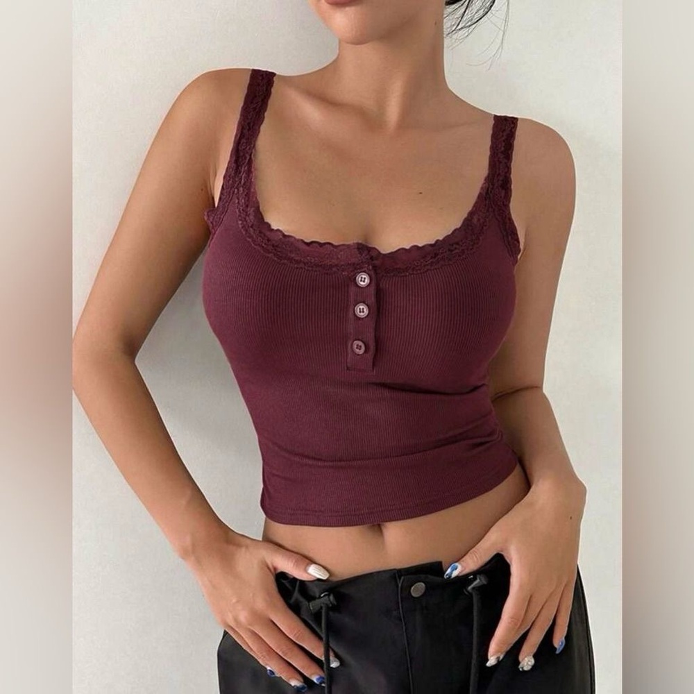 Burgundy Lace Trim Button Front Crop Top